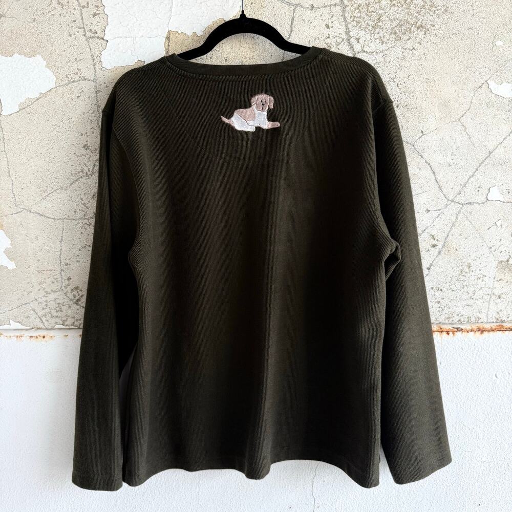 Vintage Waffle Knit Top Embroidered Dogs Thermal 90s Long Sleeve Shirt Womens‎ L - Picture 3 of 8